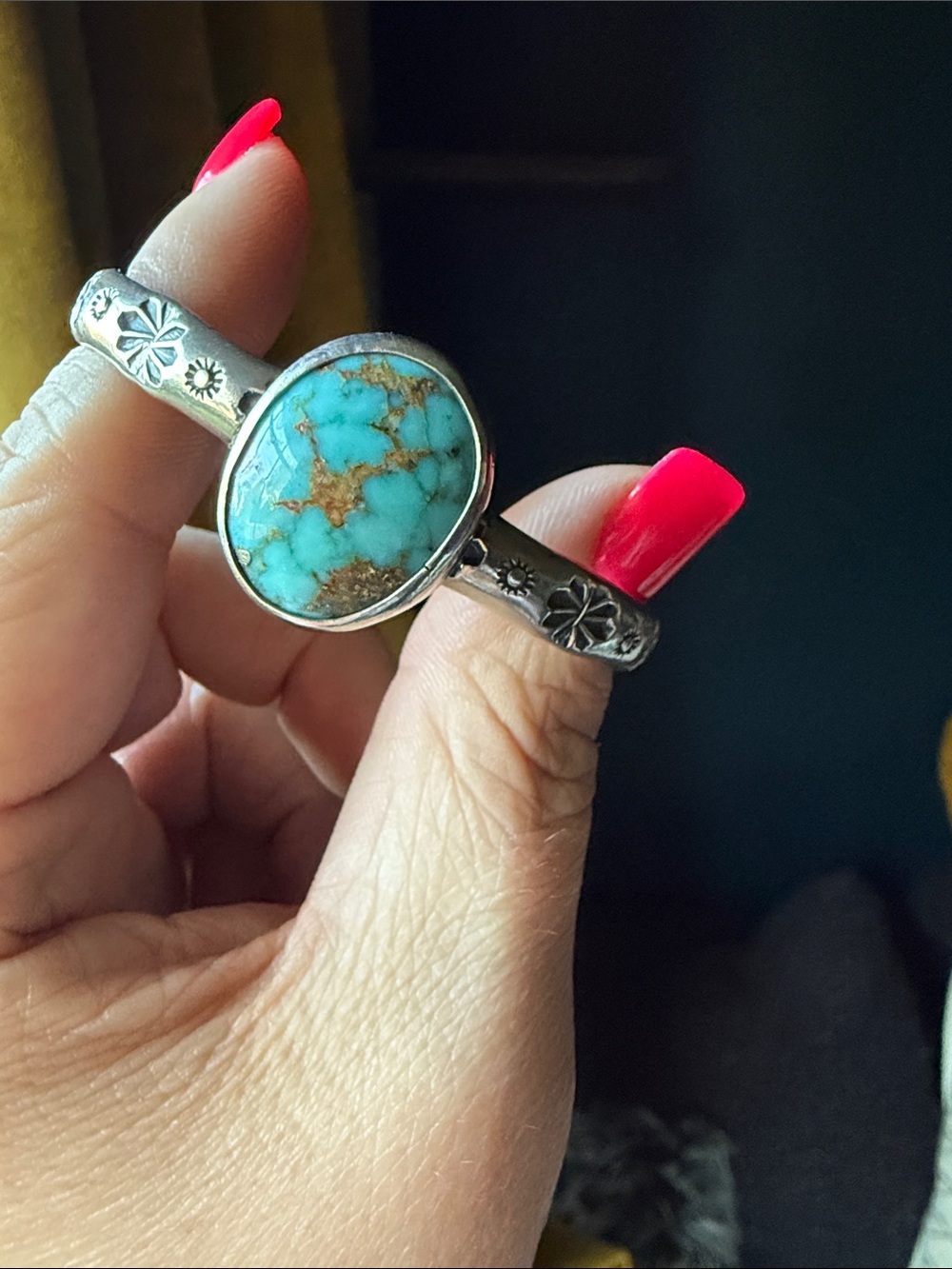Turquoise Stone Sterling-Style Flower Band Ring - Turquoise